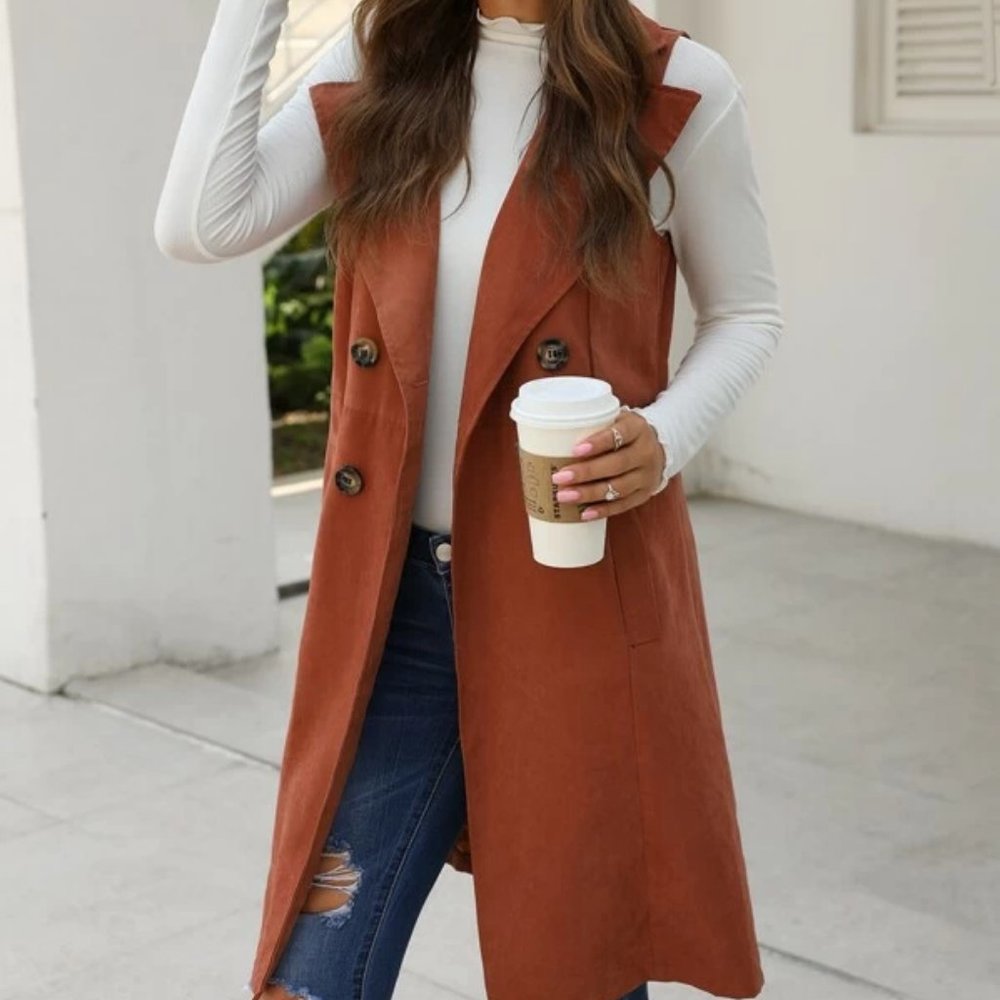 Double Breasted Pocket Side Vest Coat - Rusty Brown - Picture 5 of 6